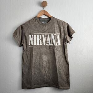 NIRVANA Smiley Face Tee Tan Bleach Wash Distressed Grunge T-Shirt Unisex S